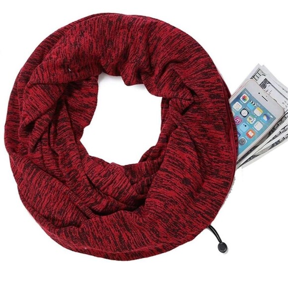 Infinity Scarf with Zipper Pocket for Women & Men. Color: WineRed/Black - Picture 2 of 6